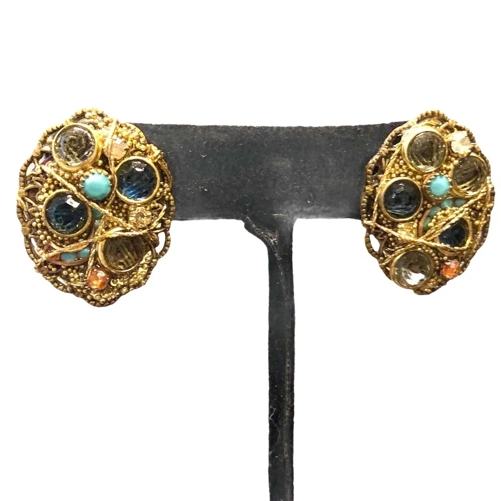 VINTAGE BLUE & TURQUOISE CRYSTAL & MIXED MEDIA ARTISTIC EARRINGS